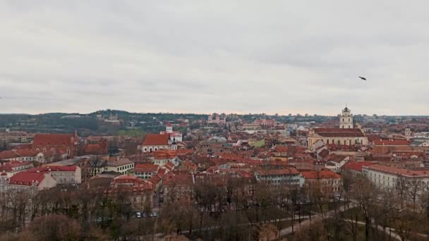 Stadtansicht Von Vilnius Litauen Vom Höhepunkt Wintertag Krähen Flug Altstadt — Stockvideo