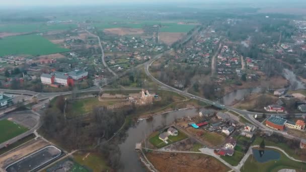 Aerial Drone View Dobele Middeleeuws Kasteel Stad Dobele Westelijke Oever — Stockvideo