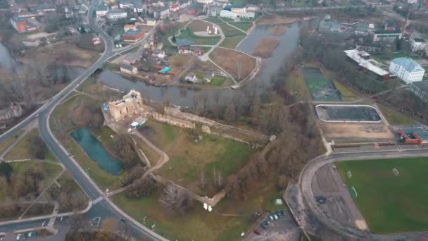 Aerial Drone View Dobele Middeleeuws Kasteel Stad Dobele Westelijke Oever — Stockvideo