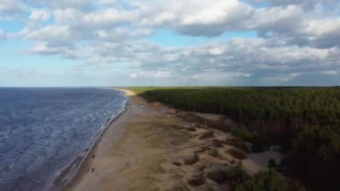 Hava Dron Garciems Plajı, Letonya Baltık Denizi Güneşli Kış Günü Büyük Bulutlar Çam Ağaçlı Kum Tepeleri