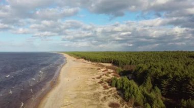 Hava Dron Garciems Plajı, Letonya Baltık Denizi Güneşli Kış Günü Büyük Bulutlar Çam Ağaçlı Kum Tepeleri