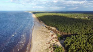 Hava Dron Garciems Plajı, Letonya Baltık Denizi Güneşli Kış Günü Büyük Bulutlar Çam Ağaçlı Kum Tepeleri
