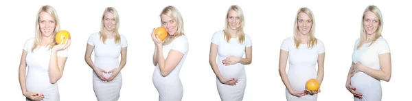 Коллаж Молодая Мелочная Натуральная Красотка Беременная Женщина Держит Грейпфрут Показывает — стоковое фото