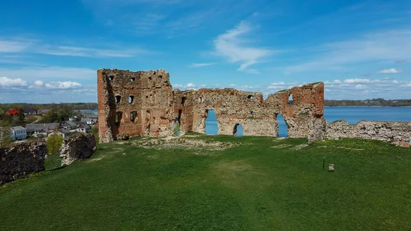 Vue Aérienne Des Ruines Château Médiéval Ludza Sur Une Colline — Photo