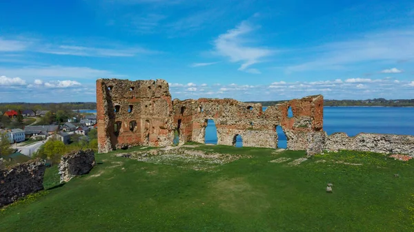 Vue Aérienne Des Ruines Château Médiéval Ludza Sur Une Colline — Photo