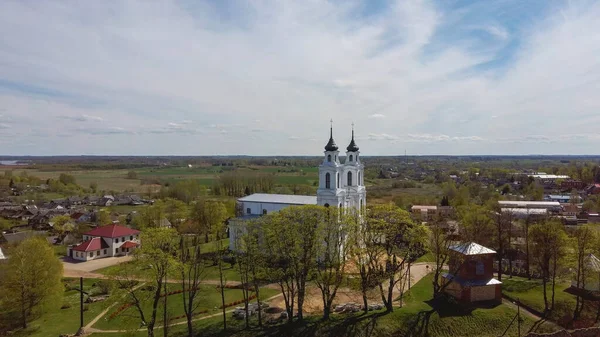 Vista Aérea Castelo Medieval Ludza Ruínas Uma Colina Entre Lago — Fotografia de Stock