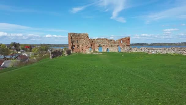 Vista Aérea Castelo Medieval Ludza Ruínas Uma Colina Entre Lago — Vídeo de Stock