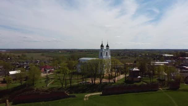 Flygfoto Över Den Romersk Katolska Kyrkan Ludza Lettland Solig Vår — Stockvideo