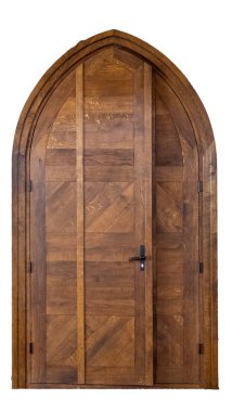 Antik Gotik Kilise Portal oymalı Ahşap Kapı Kilisesi beyaza izole edilmiş. Büyük Kahverengi Antika Kapılar Tam Çerçeve. Bir Kilisenin Tarihi Girişi
