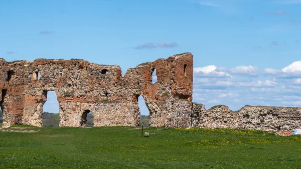 Ruinas Del Castillo Medieval Ludza Una Colina Entre Lago Grande — Foto de Stock