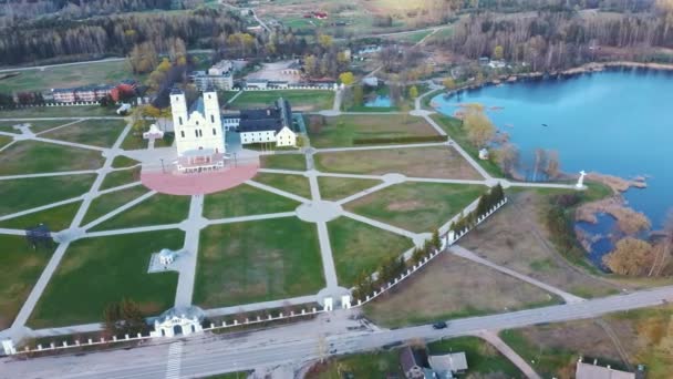 Letecký Pohled Majestic Aglona Katedrála Lotyšsku Bazilika Bílé Chatolické Církve — Stock video