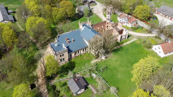 Aerial Photo Destroyed Odzienas Castle Latvia Europe Beautiful Sunny Springday — Stock Photo, Image