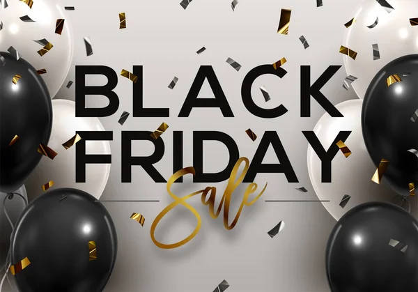 Black Friday Balloon Banner Fondo Viernes Negro Globos Negros Confeti — Archivo Imágenes Vectoriales