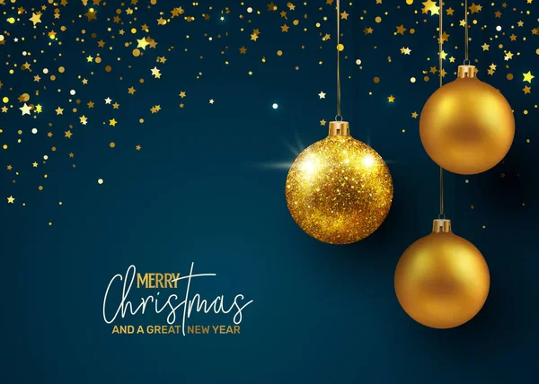 Μπλε και χρυσά χριστουγεννιάτικα στολίδια πάνω από το μπλε φόντο. — Διανυσματικό Αρχείο