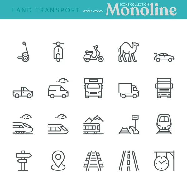 Land Transport Icons Mixed View Monoline Concept Icons Were Created — Stock Vector