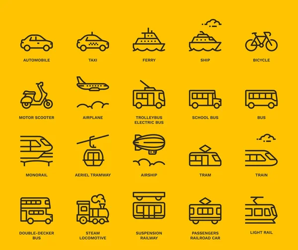 Transporte Público Iconos Vista Lateral Concepto Monolina — Vector de stock