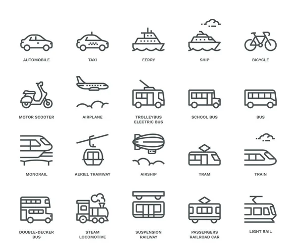 Transporte Público Iconos Vista Lateral Concepto Monolina — Vector de stock