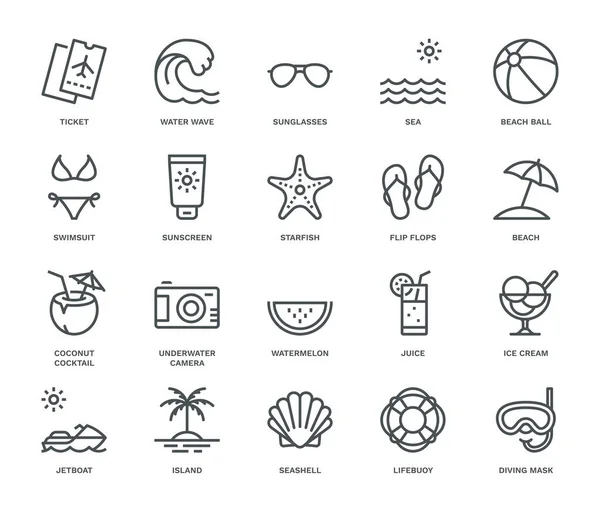 Summer Holidays Icons Monoline 컨셉트 — 스톡 벡터