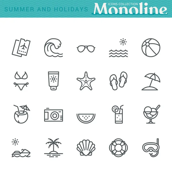 Léto Prázdniny Ikony Monoline Koncept — Stockový vektor