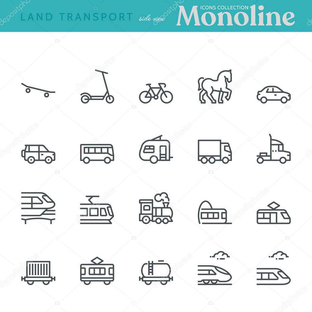 Land Transport Icons, side view,  Monoline concept. The icons were created on a 48x48 pixel aligned, perfect grid, providing a clean and crisp appearance. Adjustable stroke weight.