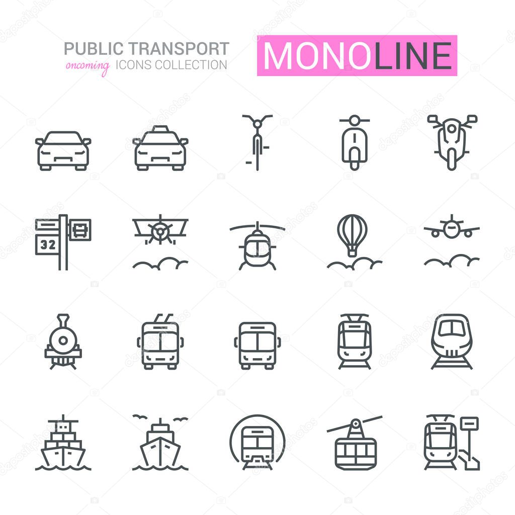 Public Transport Icons, oncoming/front view,  Monoline concept.