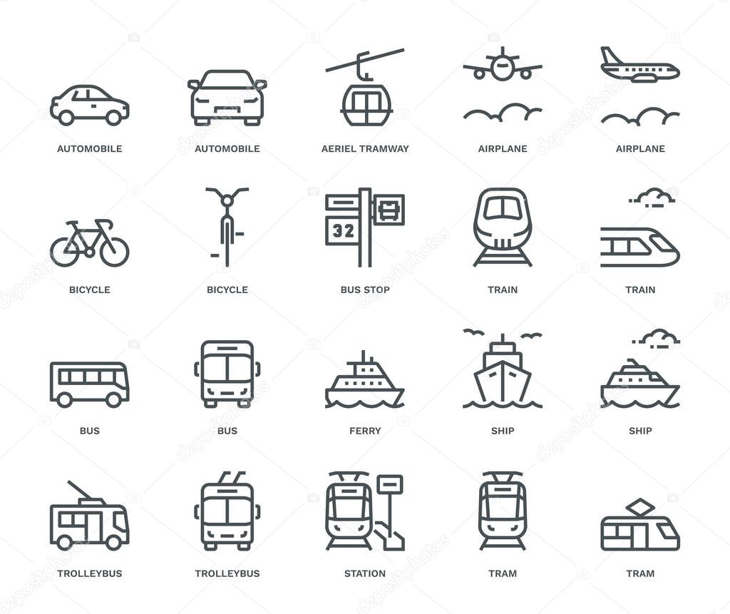 Public transport Icons, mix view. Monoline concept