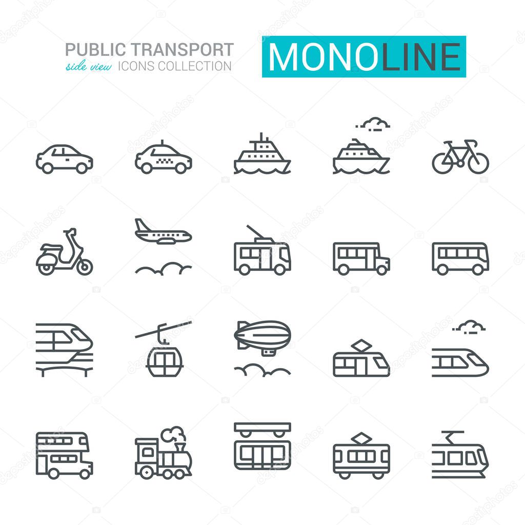 Public transport Icons, side view. Monoline concept