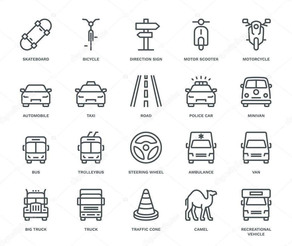Road Transport Icons, oncoming/front view. Monoline concep