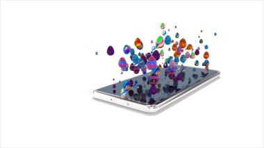 Birçok küçük renkli paskalya yumurtası telefon ekranından yüzeye çıktı. Beyaz arka plana ayrı olarak yerleştirilmiş. kavram sanatı, fikir. 3d oluşturma.