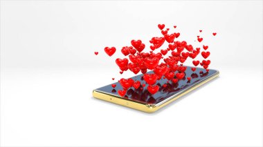 Telefon ekranından bir sürü küçük kırmızı kalp fırladı. Beyaz arka plana ayrı olarak yerleştirilmiş. kavram sanatı, fikir. 3d oluşturma.