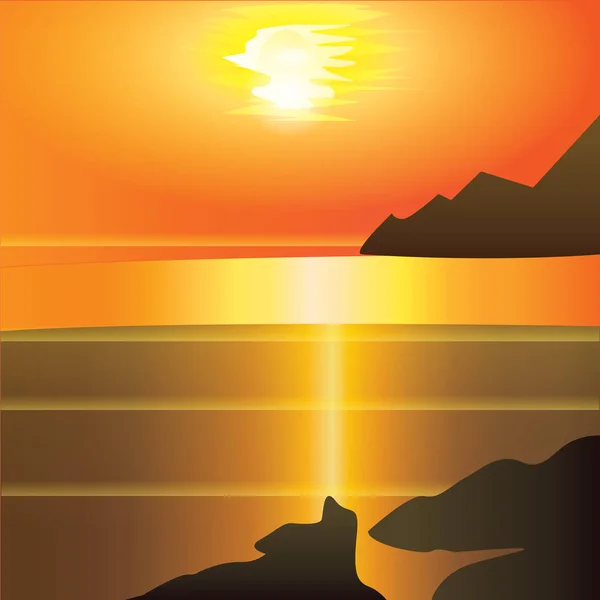 Landschaft Sonnenuntergang rot - gelb Hintergrund Klippen Meer Reflexion moderne Kunst kreative Vektor Illustration — Stockvektor