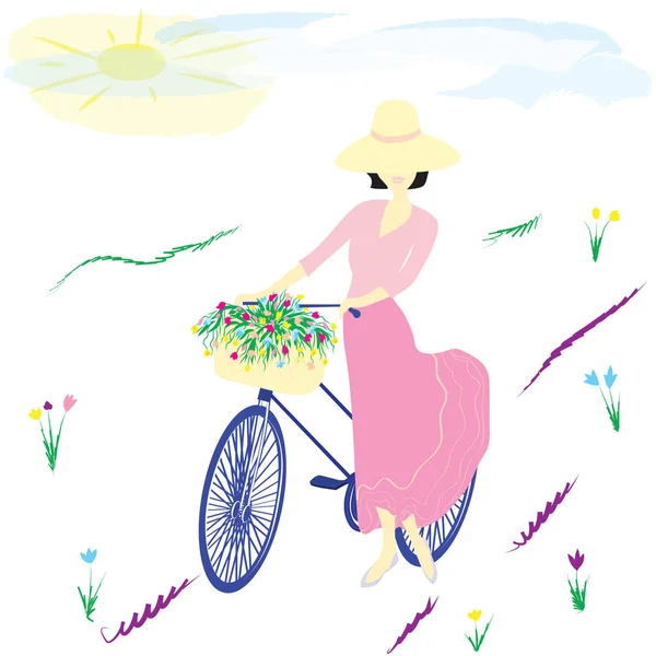 Жінка в капелюсі велосипед кошик квіткове поле сонце хмари світлий фон вектор — стоковий вектор