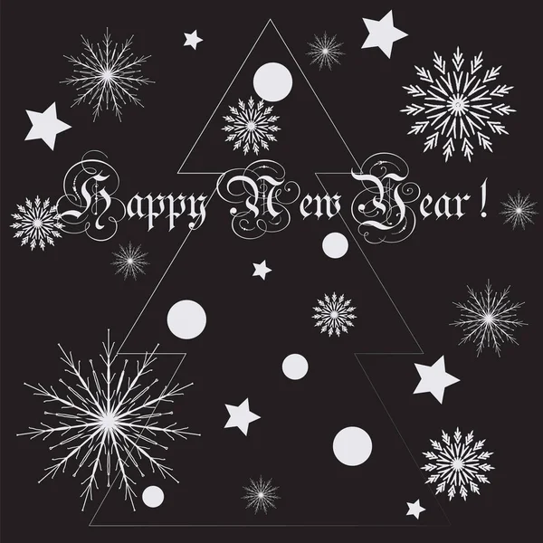 Silhouette flocons de neige étoiles boules d'arbre lettrage blanc sur un fond noir avec vecteur nouvelle année — Image vectorielle
