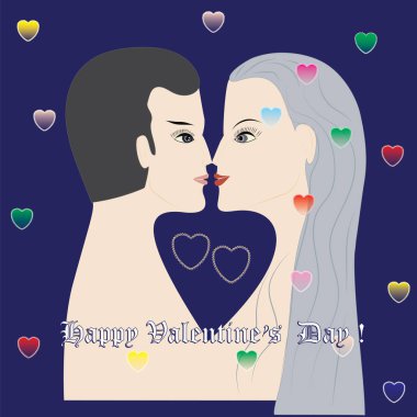 siluet bir erkek ve bir kadın renkli kalpler Happy Valentine's gün yazıt mavi renkli vektör