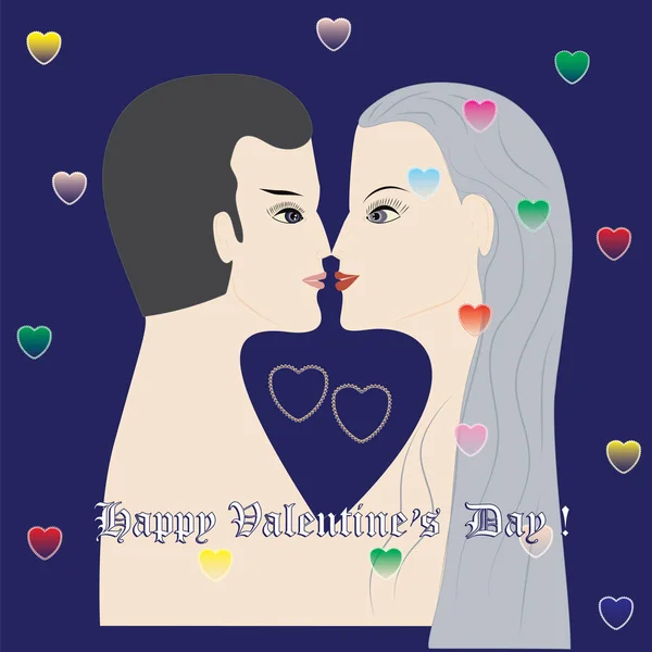 Sziluettjét egy férfi és egy nő színes szívek boldog Valentin nap felirat kék háttér vektor — Stock Vector
