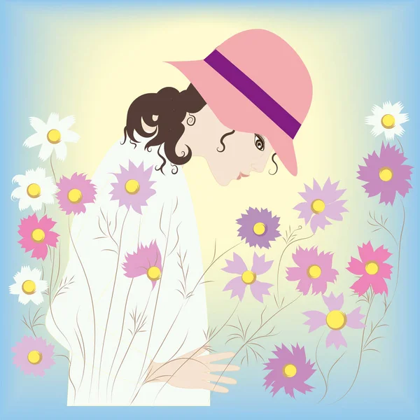 Meisje in de hoed van madeliefjes field bloemen voorjaar en zomer achtergrond vector — Stockvector