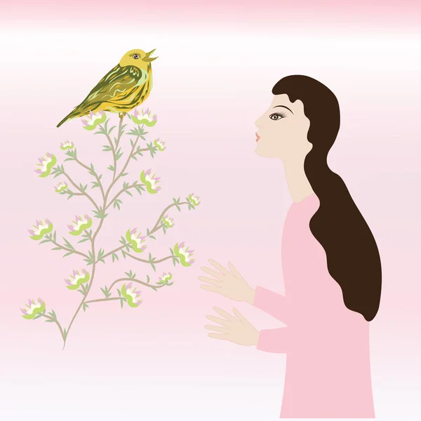 Primavera luz fondo mañana pájaro en una rama con flores chica tarjeta de felicitación San Valentín cumpleaños Pascua vector — Archivo Imágenes Vectoriales
