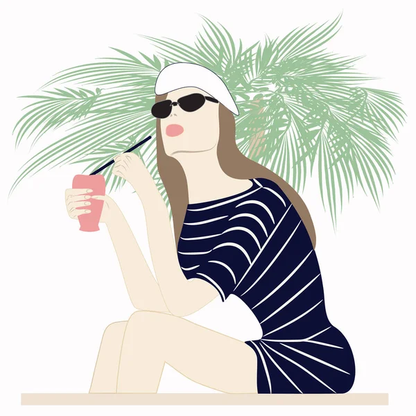 Žena na pozadí palm námořník šaty baret tmavé brýle vektor koktejlové sklenice — Stockový vektor