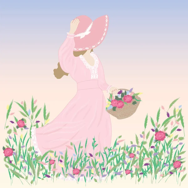 Mulher em um chapéu imagem flores selvagens campo prado azul ventoso primavera verão vetor fundo —  Vetores de Stock