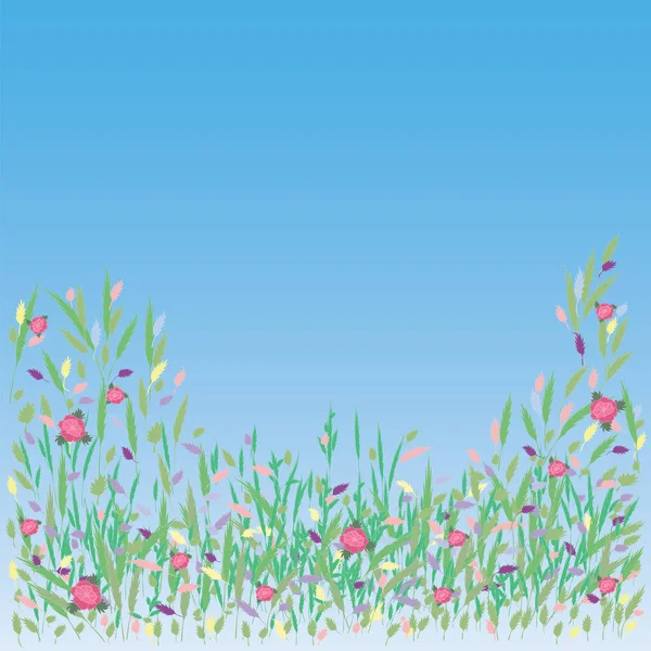 Flores silvestres romántico suave primavera verano azul fondo vector Algunos artículos están hechos en el estilo de mano descuidado técnico — Vector de stock