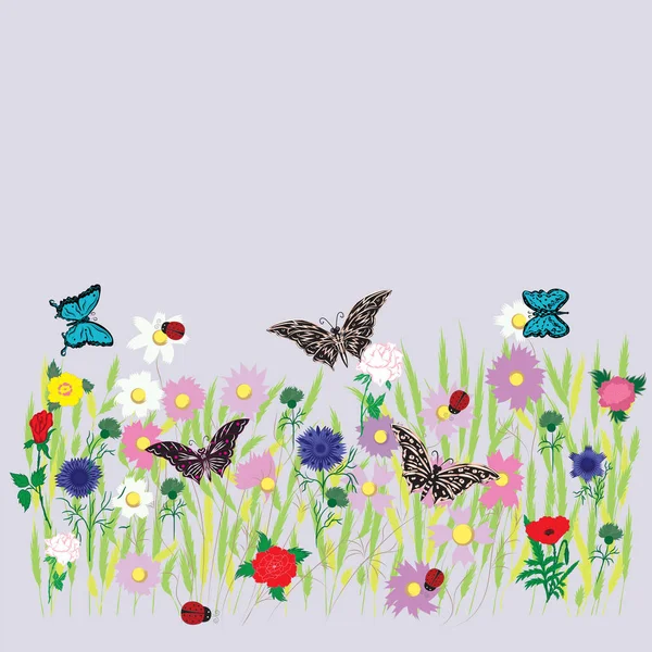 Bloem veld weide gras bed multicolor bloem tarwe gras daisy pioen roos Korenbloem wildflowers butterfly lieveheersbeestjes lente-zomer decor geïsoleerd op een lichte achtergrond vector — Stockvector