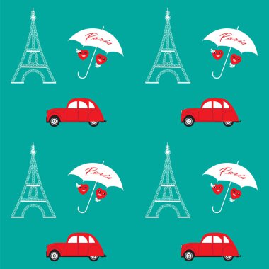Eyfel Kulesi eski makine kırmızı iki çizgi film kalp şemsiye sanat resimde yazıt Paris açık renkli vektör desen