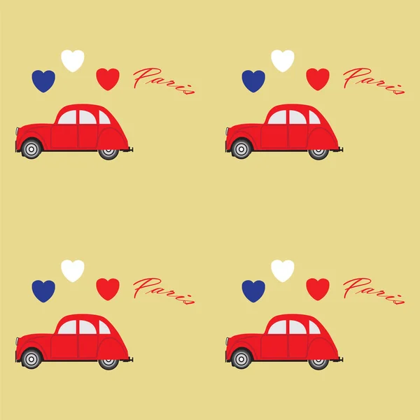 Ретро красный автомобиль три сердца абстрактная художественная иллюстрация надпись Париж свет векторный рисунок — стоковый вектор