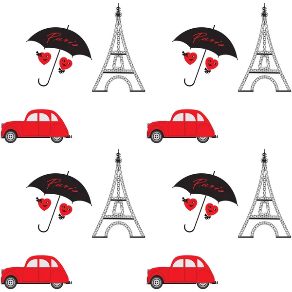 Эйфелева башня старая машина красный два мультяшных сердца черный зонтик абстрактное искусство иллюстрации надпись Париж белый фон векторный узор — стоковый вектор