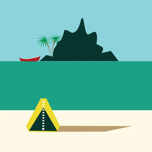 Mar costa ilha de pedra palmeira barco barraca arte abstrata vetor ilustração do logotipo para viagens de turismo — Vetor de Stock