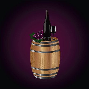 Ahşap bir varil, bir şişe kırmızı şarap, bir bardak, bir üzüm fırça - gerçekçi - koyu mor arka plan üzerinde - sanat yaratıcı modern vektör çizim.