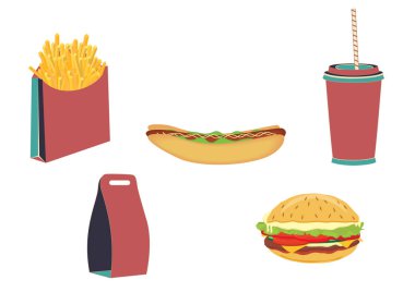 -Sandviç sosis, et, sebze, kağıt torba, cam, patates kızartması, ile - almak için ürün kümesi beyaz arka plan üzerinde - sanat yaratıcı modern vektör izole