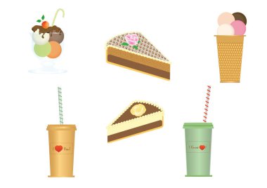 Beyaz arka plan üzerinde - sanat yaratıcı modern vektör izole tatlı set - gofret buz krem ve cam vazo, pasta, kağıt bardak-