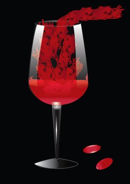 Şarap kırmızısı bir bardağa dökülür - siyah arkaplan - sanat eseri modern illüstrasyon, vektör.