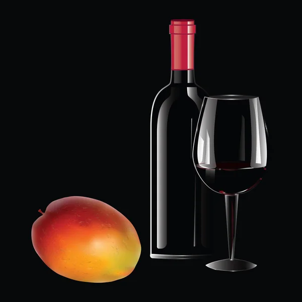 Botella realista de vino con un tapón rojo, vidrio, mango - aislado sobre fondo negro - arte creativa ilustración vectorial moderna. Bodegón . — Vector de stock